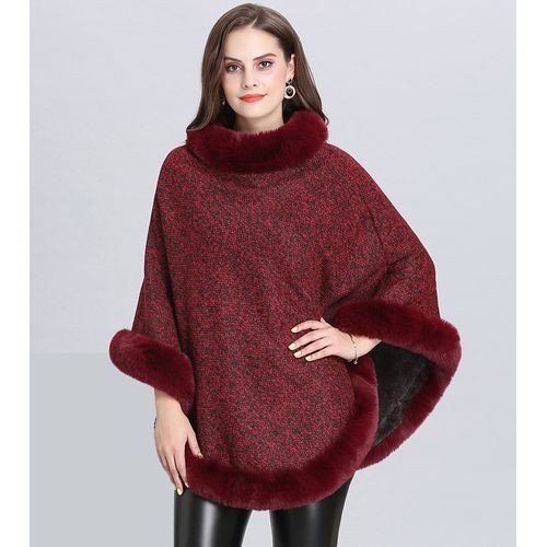 Women's Designer Shawl Poncho Cardigan Sweater - Wine Red