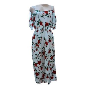 Floral Maxi Off Shoulder Double Arm Dress - Red,White